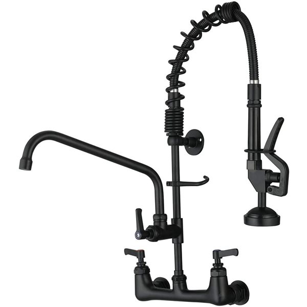 BWE Restaurant Pull Down 2-Handle Wall Mount Pre-Rinse Spray Utility Kitchen Faucet in Matte Black