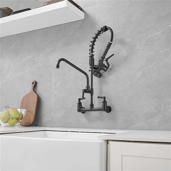 BWE Restaurant Pull Down 2-Handle Wall Mount Pre-Rinse Spray Utility Kitchen Faucet in Matte Black