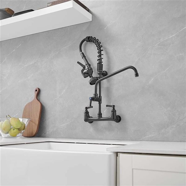 BWE Restaurant Pull Down 2-Handle Wall Mount Pre-Rinse Spray Utility Kitchen Faucet in Matte Black