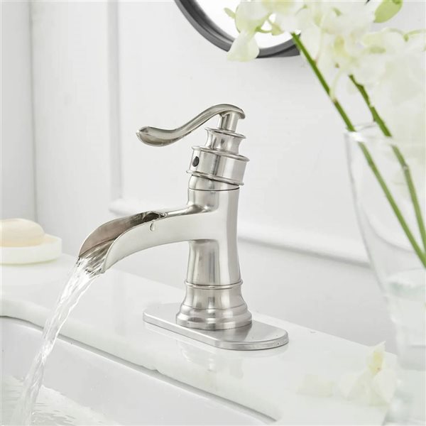 BWE Waterfall Single Hole Single-Handle Low-Arc Bathroom Faucet with Drain Assembly in Brushed Nickel