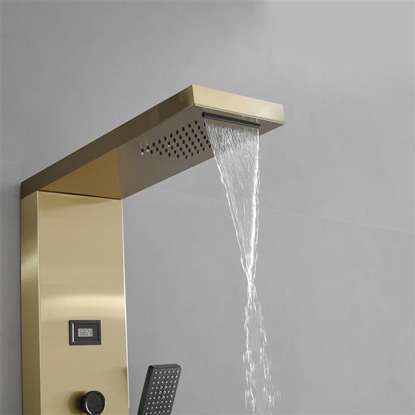 BWE 8-Jet Rainfall Shower Panel System with Rainfall Waterfall Shower Head and Shower Wand in Black Gold