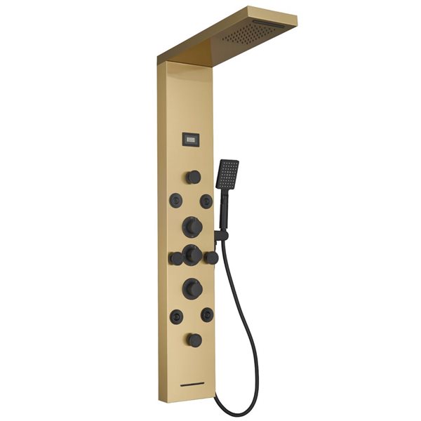 BWE 8-Jet Rainfall Shower Panel System with Rainfall Waterfall Shower Head and Shower Wand in Black Gold