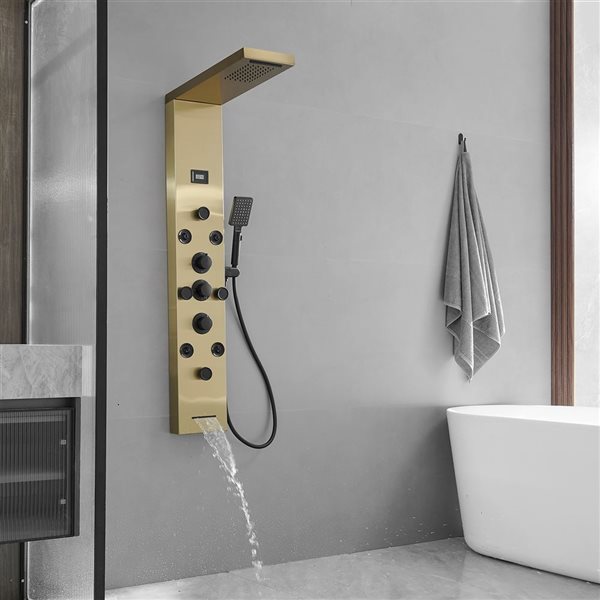 BWE 8-Jet Rainfall Shower Panel System with Rainfall Waterfall Shower Head and Shower Wand in Black Gold