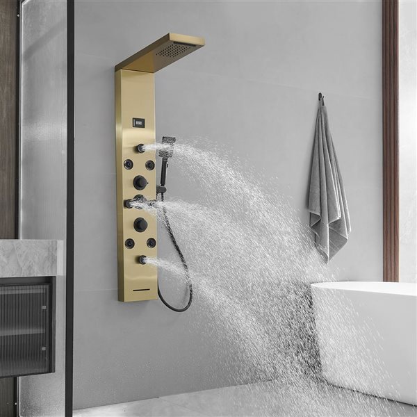 BWE 8-Jet Rainfall Shower Panel System with Rainfall Waterfall Shower Head and Shower Wand in Black Gold