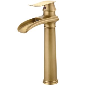 BWE Waterfall Single Hole Single Handle Bathroom Vessel Sink Faucet with Drain Assembly in Antique Brass