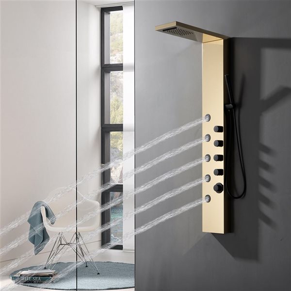 BWE 5-Jet Shower Panel Tower System with Rainfall Waterfall Shower Head and Shower Wand in Black Gold