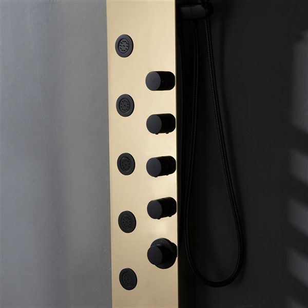 BWE 5-Jet Shower Panel Tower System with Rainfall Waterfall Shower Head and Shower Wand in Black Gold