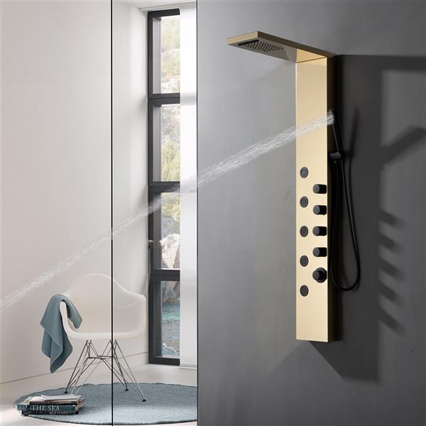 BWE 5-Jet Shower Panel Tower System with Rainfall Waterfall Shower Head and Shower Wand in Black Gold