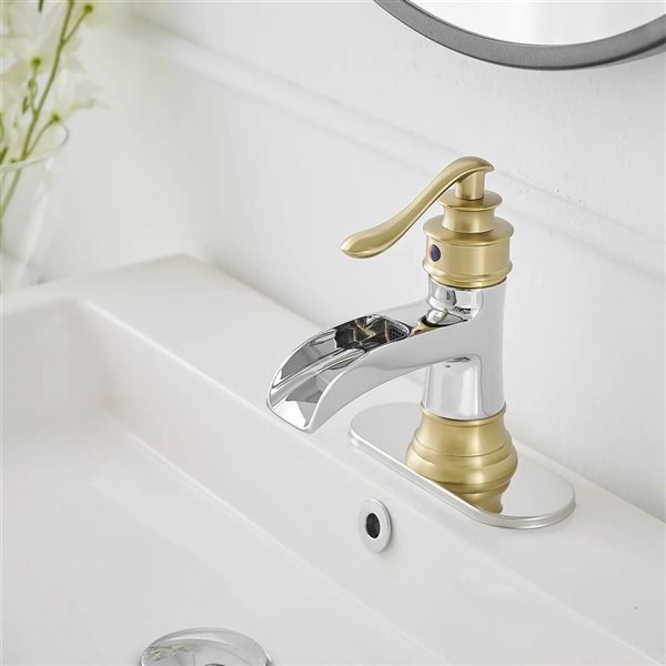 BWE Waterfall Single Handle Single Hole Bathroom Faucet Bathroom Vanity Sink Faucet in Chrome Gold