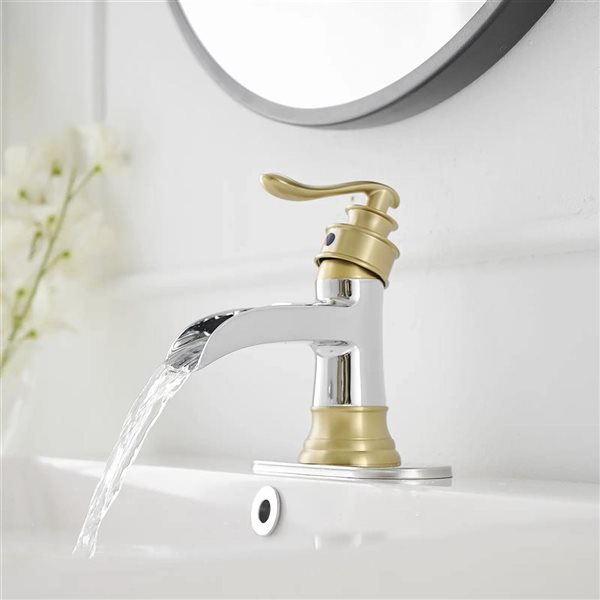 BWE Waterfall Single Handle Single Hole Bathroom Faucet Bathroom Vanity Sink Faucet in Chrome Gold