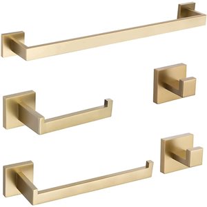 BWE 5-Piece Bath Hardware Set with Towel Hooks Toilet Paper Holder and 24 inch Towel Bar in Brushed Gold