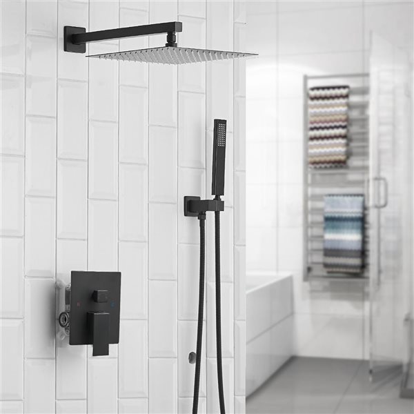 BWE Rainfall 2-Handle 2-Spray 12 inch Square High Pressure Shower Faucet in Matte Black (Valve Included)