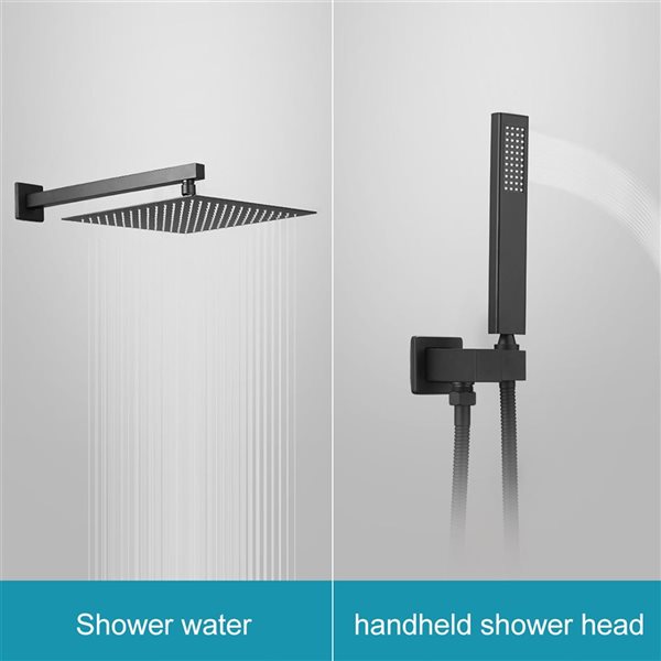 BWE Rainfall 2-Handle 2-Spray 12 inch Square High Pressure Shower Faucet in Matte Black (Valve Included)
