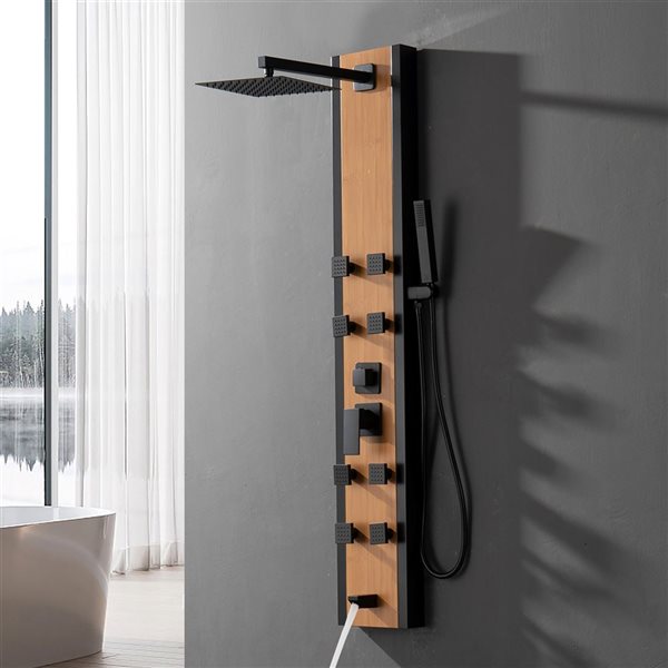 BWE 8-Jet Shower Panel System with Rainfall Waterfall Shower Head and Shower Wand in Black Bamboo