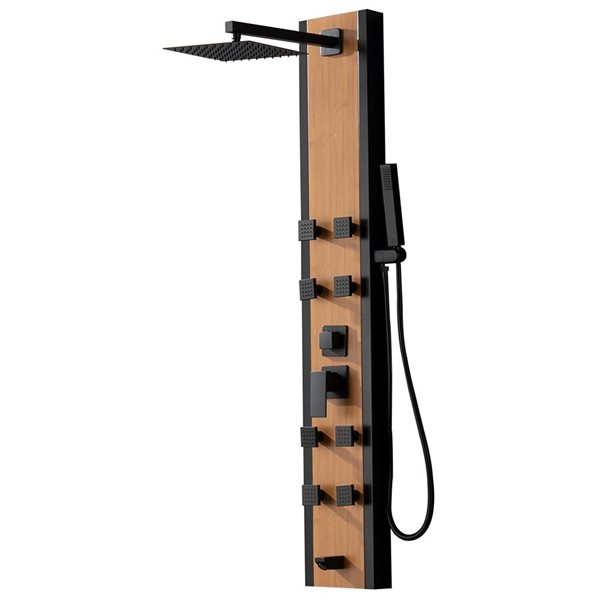 BWE 8-Jet Shower Panel System with Rainfall Waterfall Shower Head and Shower Wand in Black Bamboo