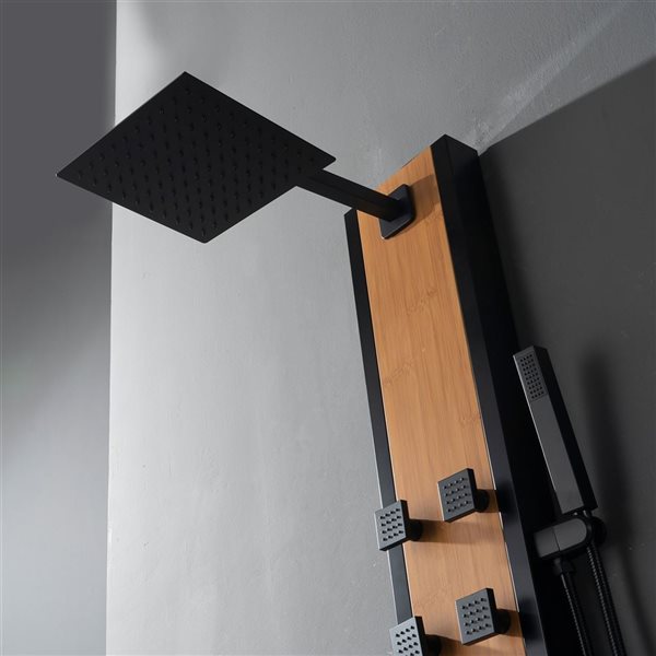 BWE 8-Jet Shower Panel System with Rainfall Waterfall Shower Head and Shower Wand in Black Bamboo