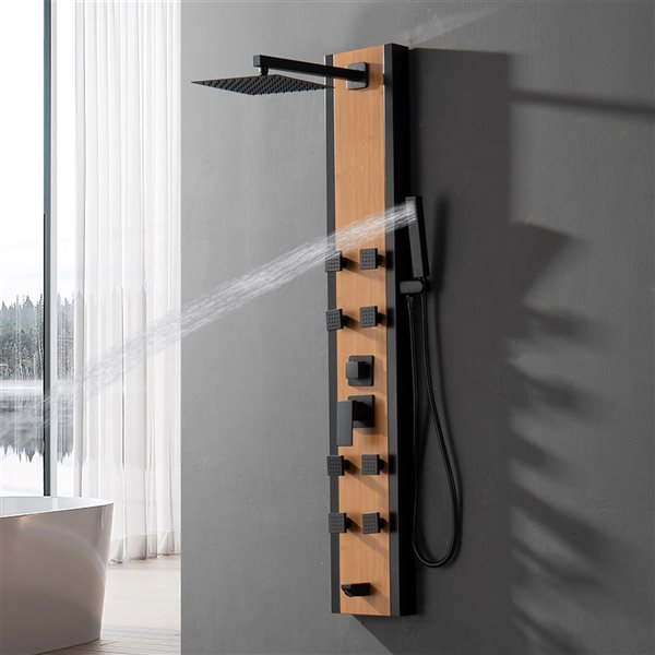 BWE 8-Jet Shower Panel System with Rainfall Waterfall Shower Head and Shower Wand in Black Bamboo