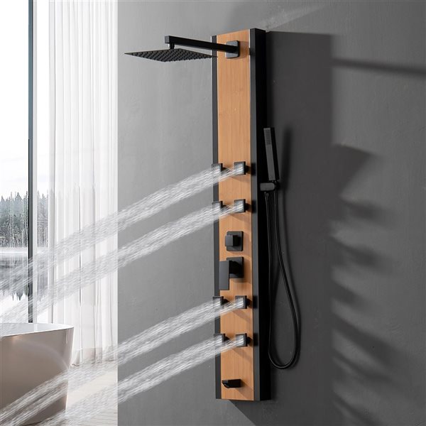 BWE 8-Jet Shower Panel System with Rainfall Waterfall Shower Head and Shower Wand in Black Bamboo