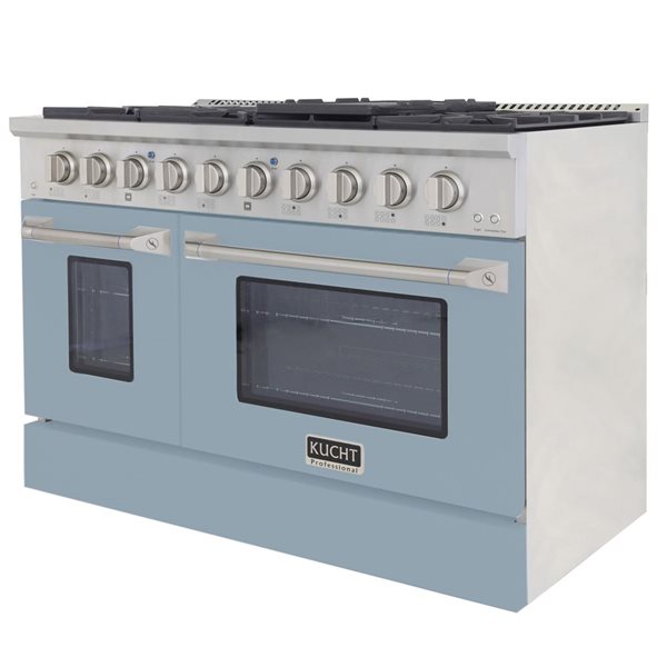 Cuisinière à deux fours au gaz naturel KUCHT 48 po 6,7 pi³ avec un four à convection, fini acier inoxydable/bleu clair