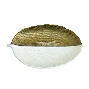 Nearly Natural 14-in L White/Gold Aluminum Decorative Leaf-Shaped Tray