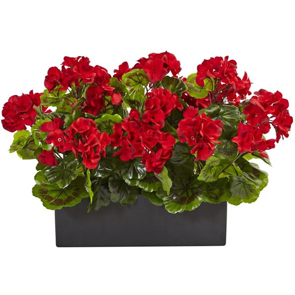 Nearly Natural 11.5-in Red Artificial Silk Geranium Plant in Black Pot