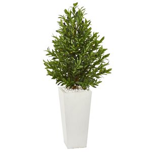 Nearly Natural 4-ft Green Artificial Olive Cone Topiary Tree in White Modern Pot