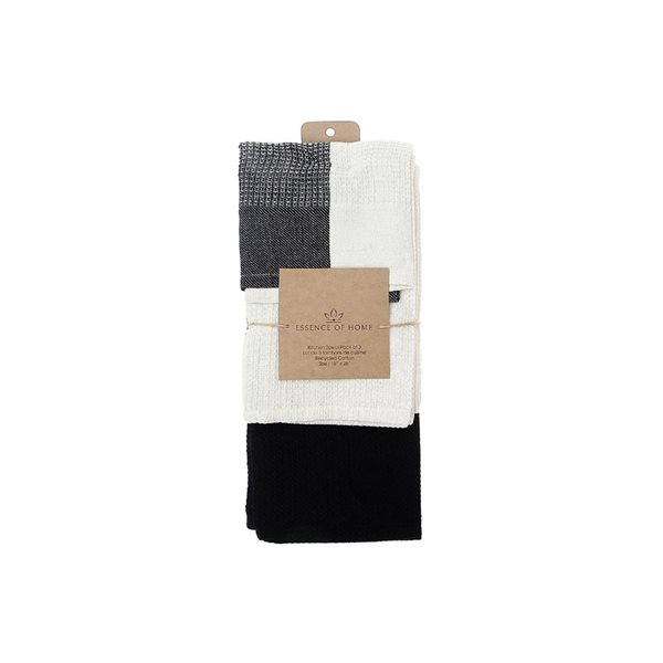 iH casadécor Kitchen Towel Set Of 3 PCs Block Print Waffle Black