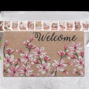Tapis d'entrée IH Casa Decor en fibre de coco fleurs de magnolia «Welcome» 18 X 30