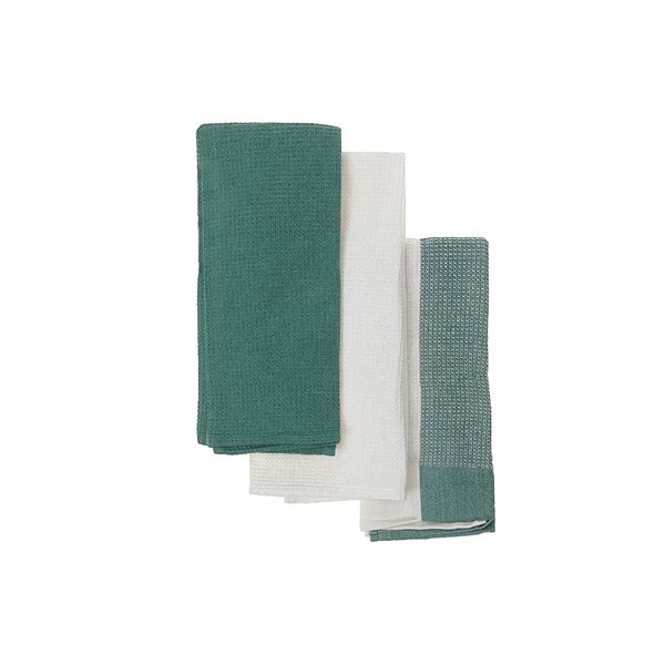 iH casadécor Kitchen Towel Set Of 3 PCs Block Print Waffle Green