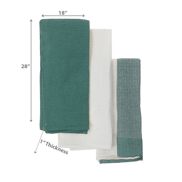 iH casadécor Kitchen Towel Set Of 3 PCs Block Print Waffle Green