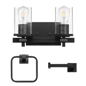 Globe Electric 3-Piece Matte Black Powder Room Set with 13-in 2-Light Vanity Fixture, Towel Ring and Toilet Paper Holder