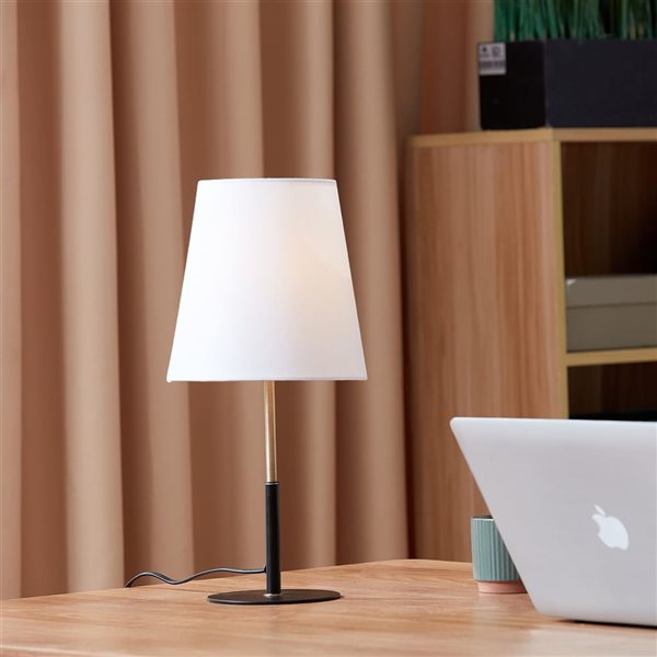 Globe Electric 16-in White Linen Shade Table Lamp with On/Off Rotary Switch, Matte Black/Brass