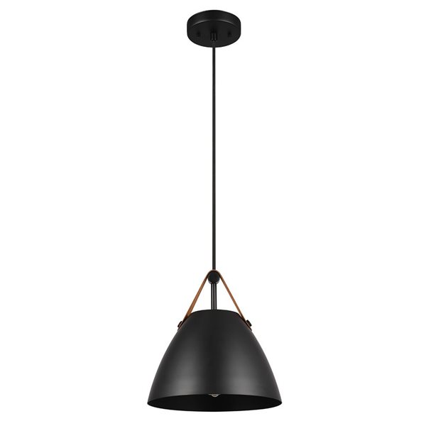 Globe Electric Adjustable Height Matte Black Pendant Light with Faux Leather Strap and Braided Fabric Designer Cord