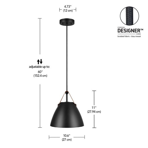 Suspension noir mat à hauteur réglable Globe Electric avec sangle en simili cuir et cordon tressé en tissu original