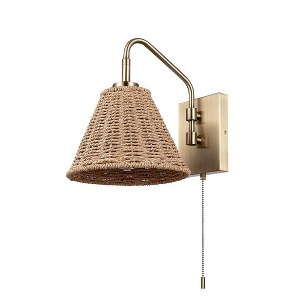 Globe Electric Novogratz  Matte Brass Rattan Shade 1-Light Wall Sconce w/ On/Off Pull Chain Switch