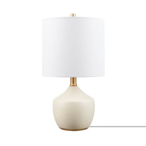 Globe Electric Novogratz 16-in White Linen Shade Brass Base/Cream Ceramic Table Lamp with Concrete Textured Body