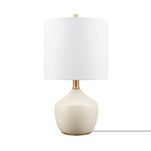 Globe Electric Novogratz 16-in White Linen Shade Brass Base/Cream Ceramic Table Lamp with Concrete Textured Body