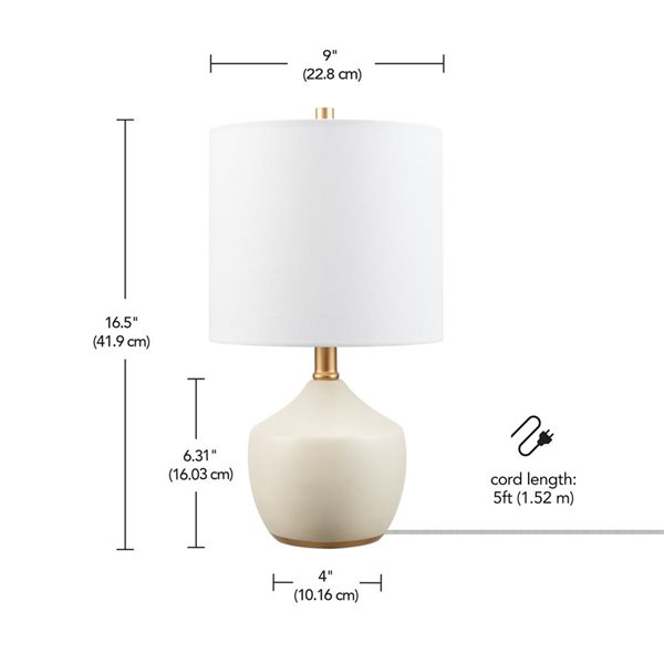 Globe Electric Novogratz 16-in White Linen Shade Brass Base/Cream Ceramic Table Lamp with Concrete Textured Body