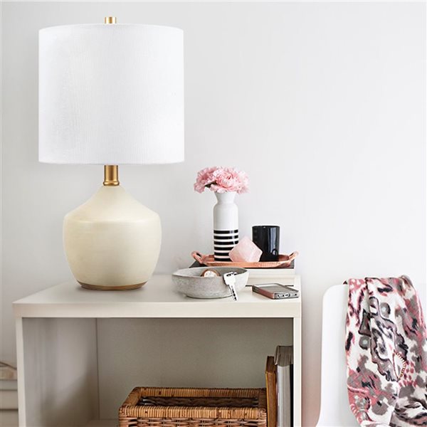 Globe Electric Novogratz 16-in White Linen Shade Brass Base/Cream Ceramic Table Lamp with Concrete Textured Body