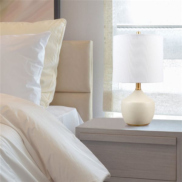 Globe Electric Novogratz 16-in White Linen Shade Brass Base/Cream Ceramic Table Lamp with Concrete Textured Body