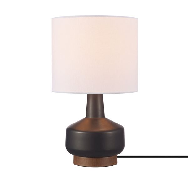 Globe Electric 15-in Matte Black/Wood Tone Ceramic Table Lamp with White Linen Shade - On/Off Rotary Switch