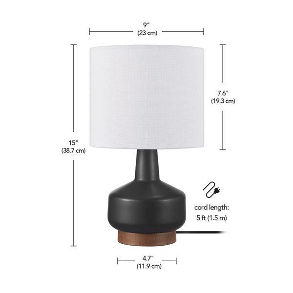 Globe Electric 15-in Matte Black/Wood Tone Ceramic Table Lamp with White Linen Shade - On/Off Rotary Switch