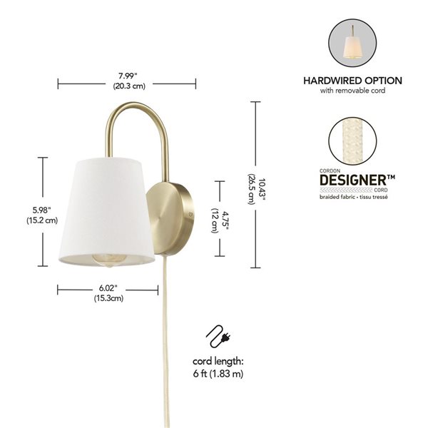 Globe Electric Novogratz White Textured Shade Arched Arm 1-Light Wall Sconce - Matte Brass