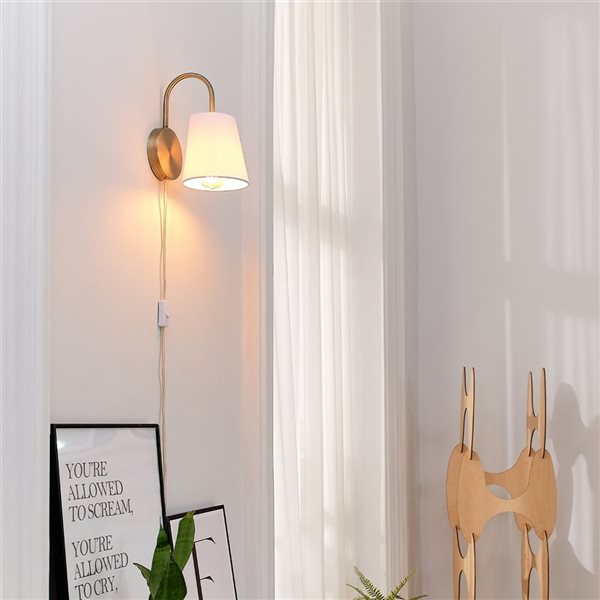 Globe Electric Novogratz White Textured Shade Arched Arm 1-Light Wall Sconce - Matte Brass