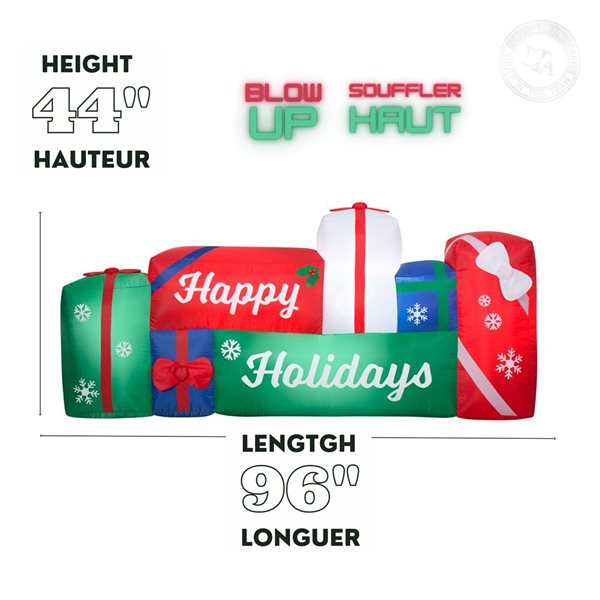 Gemmy 96 L x 44-in H LED Lighted Gift Boxes with Happy Holidays Script Christmas Inflatable