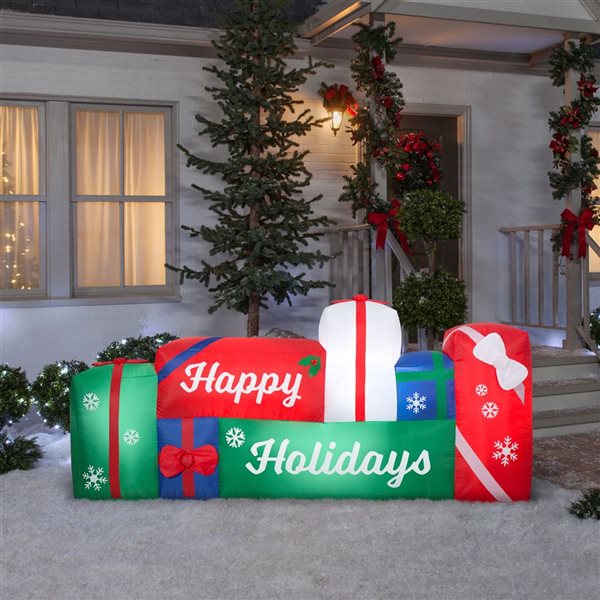 Gemmy 96 L x 44-in H LED Lighted Gift Boxes with Happy Holidays Script Christmas Inflatable