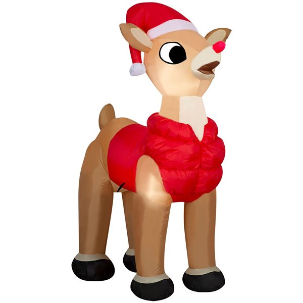 Gemmy 49 L x 66-in H LED Lighted Rudolph the Red-Nosed Reindeer with Puffer Vest Christmas Inflatable