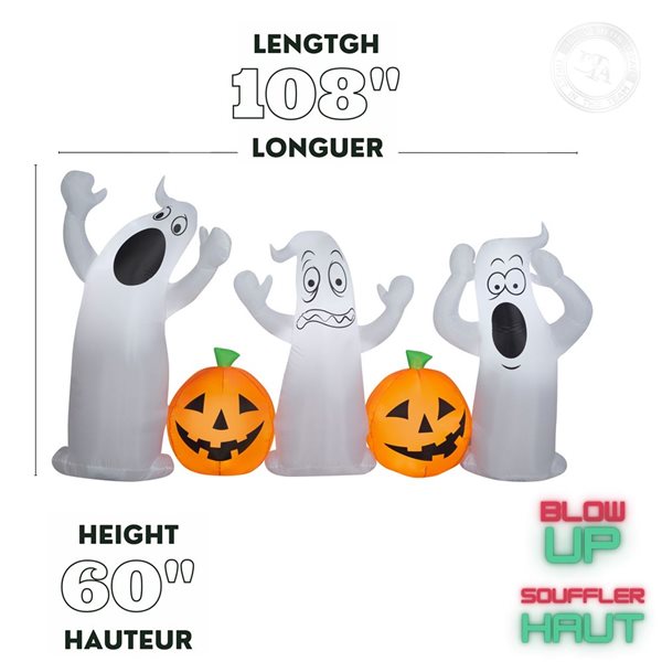 Gemmy 108 L x 60-in H LED Lighted Ghost Trio with Jack-O'-Lanterns Halloween Inflatable