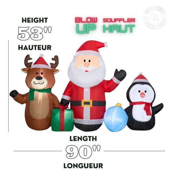 Gemmy 90-in L x 53-in H LED Lighted Santa, Reindeer and Penguin Trio Christmas Inflatable