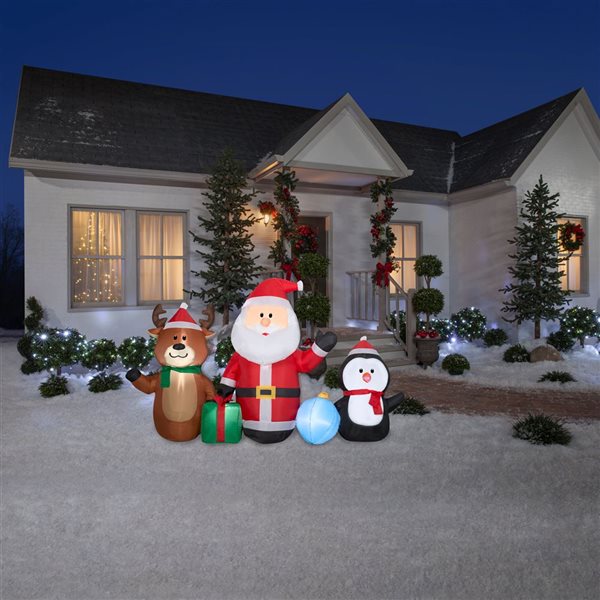 Gemmy 90-in L x 53-in H LED Lighted Santa, Reindeer and Penguin Trio Christmas Inflatable